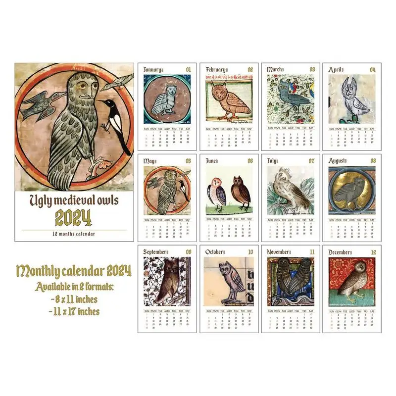 Engraçado Medieval Pinturas Coruja Calendário, 2022 2022, 30x21cm, Planejador Mês, Planejador Família