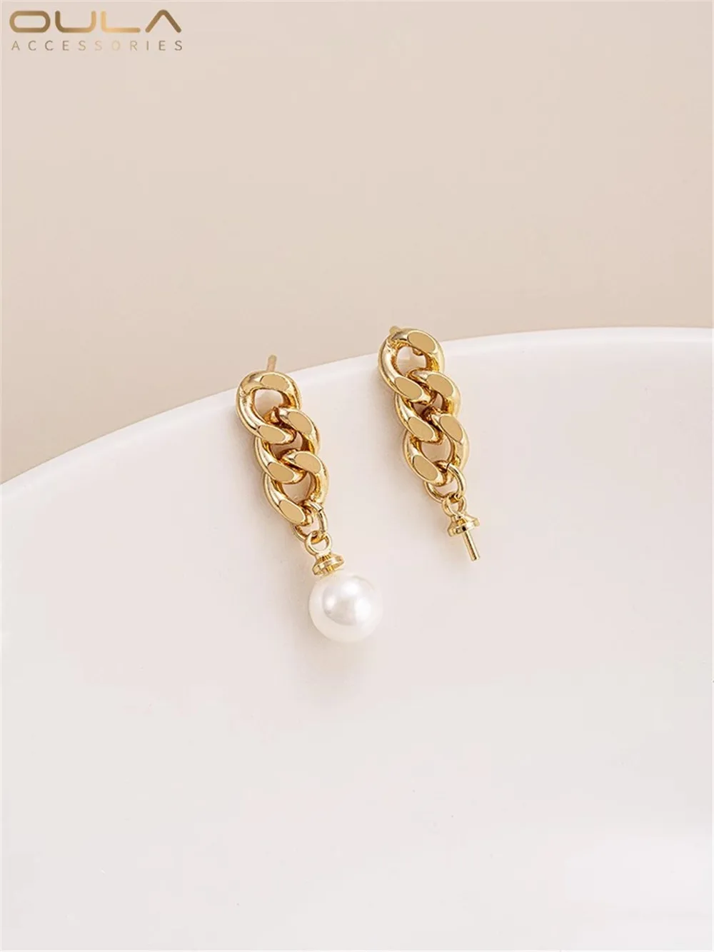 

14K Gold-Color Plated Chain Hanging Eye Half Hole Bead Earrings 925 Silver Needle Handmade Diy Sticky Bead Earrings Accessories