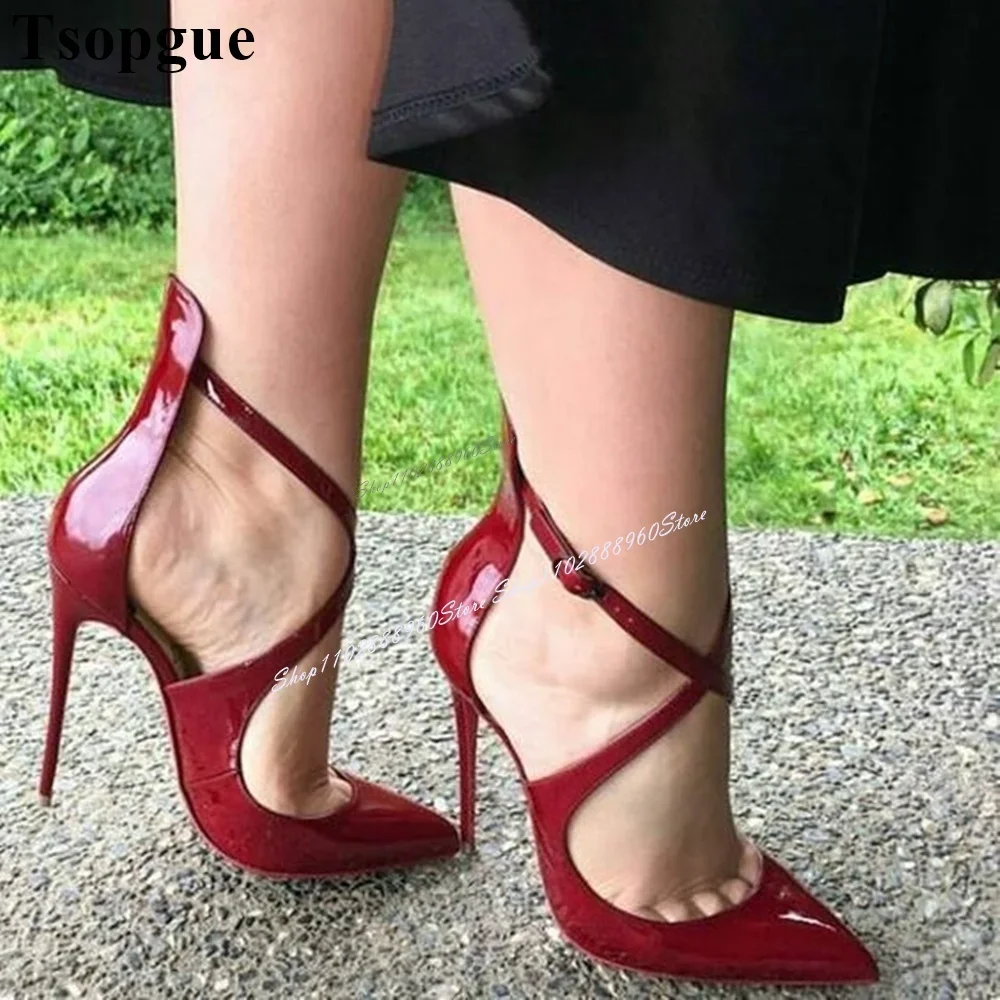 

Sexy Red Cross Strip Patent Leather Pointy Pumps Thin High Heel Women Shoes Ankle Buckle Strap Pointed Toe Elegant Women Pumps