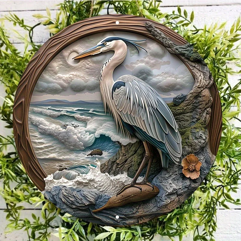 Blue Heron Aluminum Metal Sign Art Suit, Waterproof, Weather-Resistant, Pre-Drilling Textured Wall Decoration with Coastal Scene