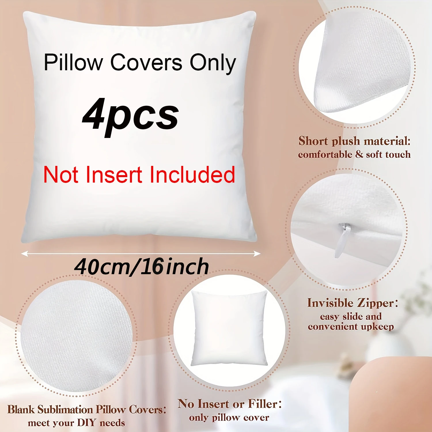 4Pcs Sublimation Pillow Cases Bulk White Blank Cushion Covers DIY Heat Transfer Pillow Covers Short Plush with Invisible Zipper