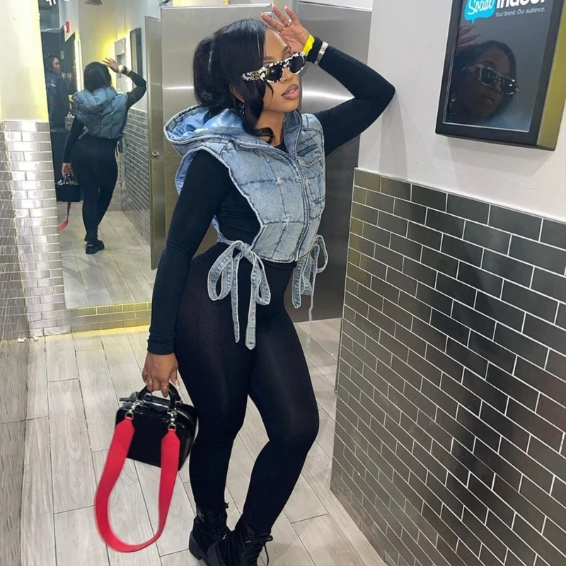 Womens Denim Quilted Cargo Vest Hoodie Jackets Sleeveless Zipper Up Side Hollow Out Bandage Puffer Crop Top Waistcoat