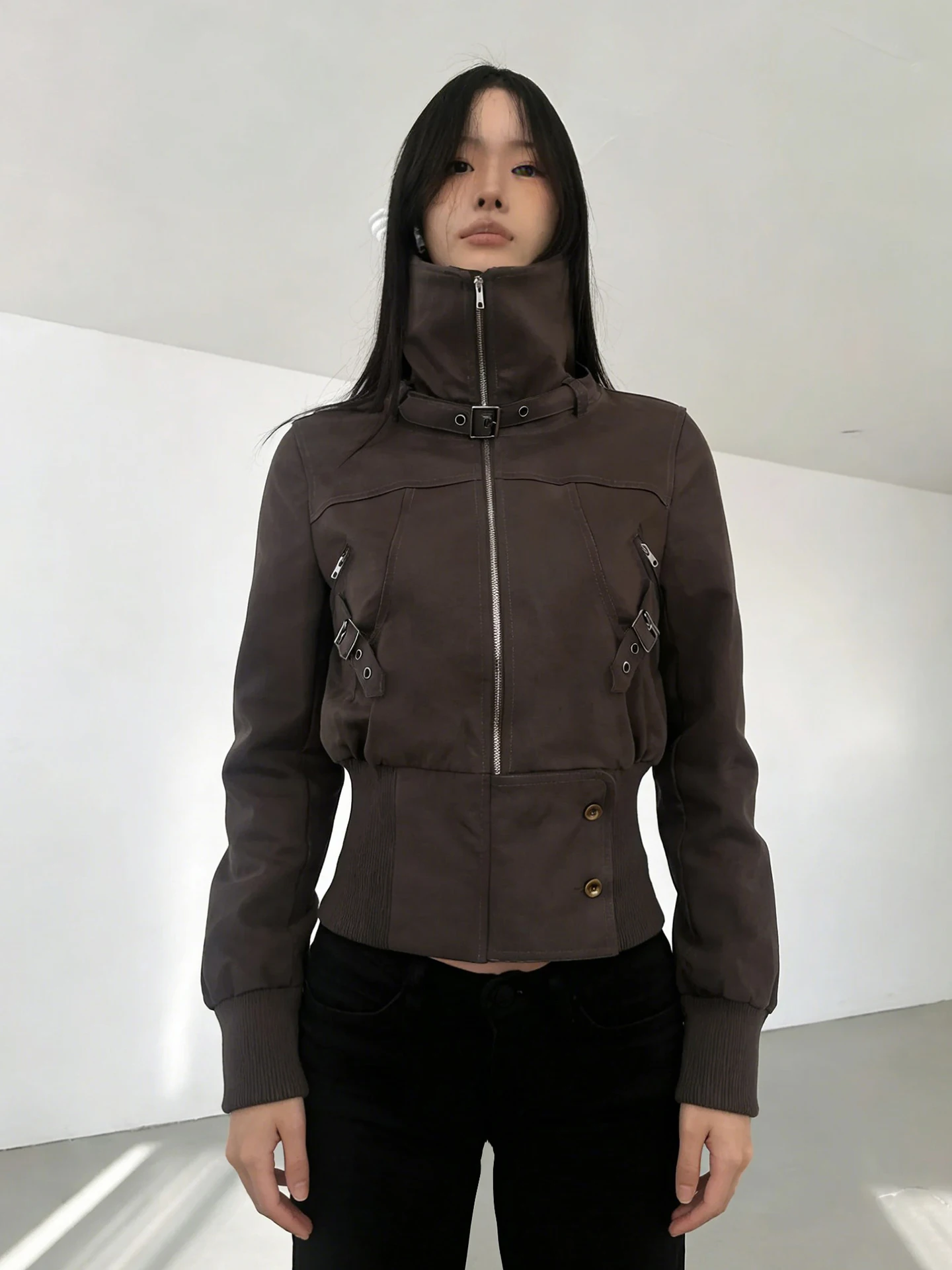 

WEEKEEP American Retro Workwear Pure Color Stand Collar Metal Buckle Zipper Jacket Women's Versatile Waist Cinching Outerwear