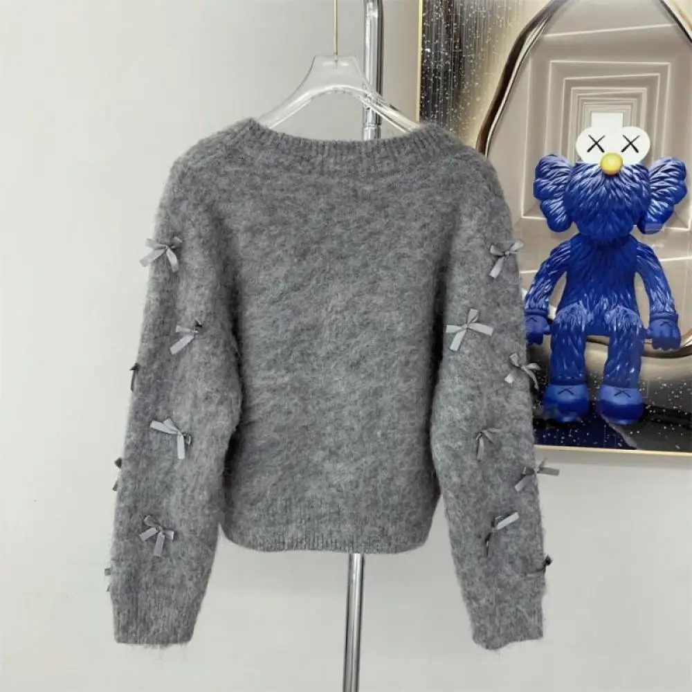 Korean Women 3D Bow Decoration Mohair Cardigans Grey White Sweater New Elegant Knitwear Tops 2023 Winter Fashion Clothes