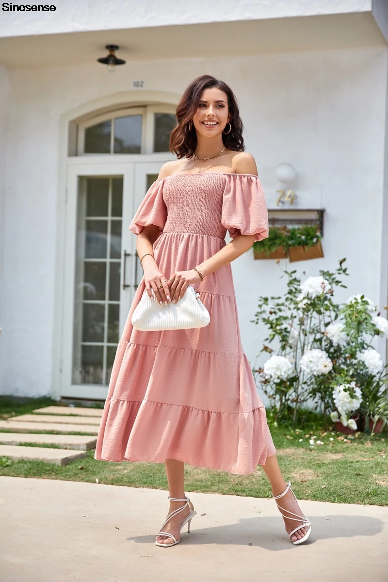 Women Summer Wedding Guest Coctail Party Dress Casual Flowy Beach Square Neck Puff Short Sleeve Smocked Tiered Boho Maxi Dress