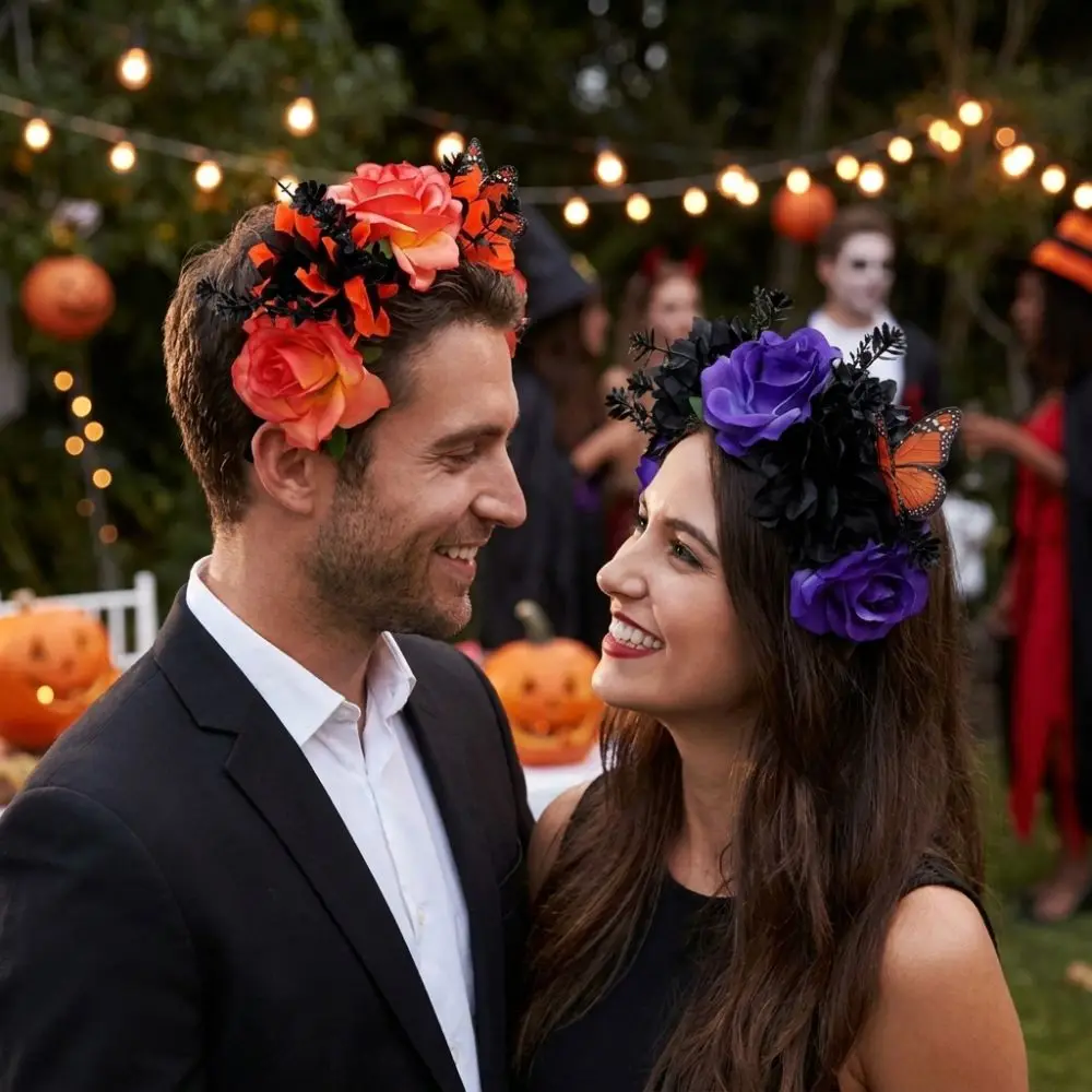 Gothic Halloween Rose Flower Crown with Butterfly Simulated Artificial Flower Headband Vintage Realistic Floral Crown Head Hoop