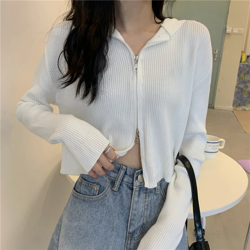 Knitting Women Fashion Black Ribbed Zip-up Cardigans Autumn Casual Hooded Long Sleeve Autumn Sweater Cropped Slim Tops Knitting