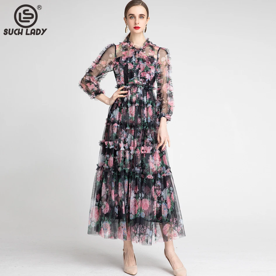 

Women's Runway Dress Ruffled Collar Long Sleeves Tiered Ruffles Printed Floral Fashion Party Dress Vestidos