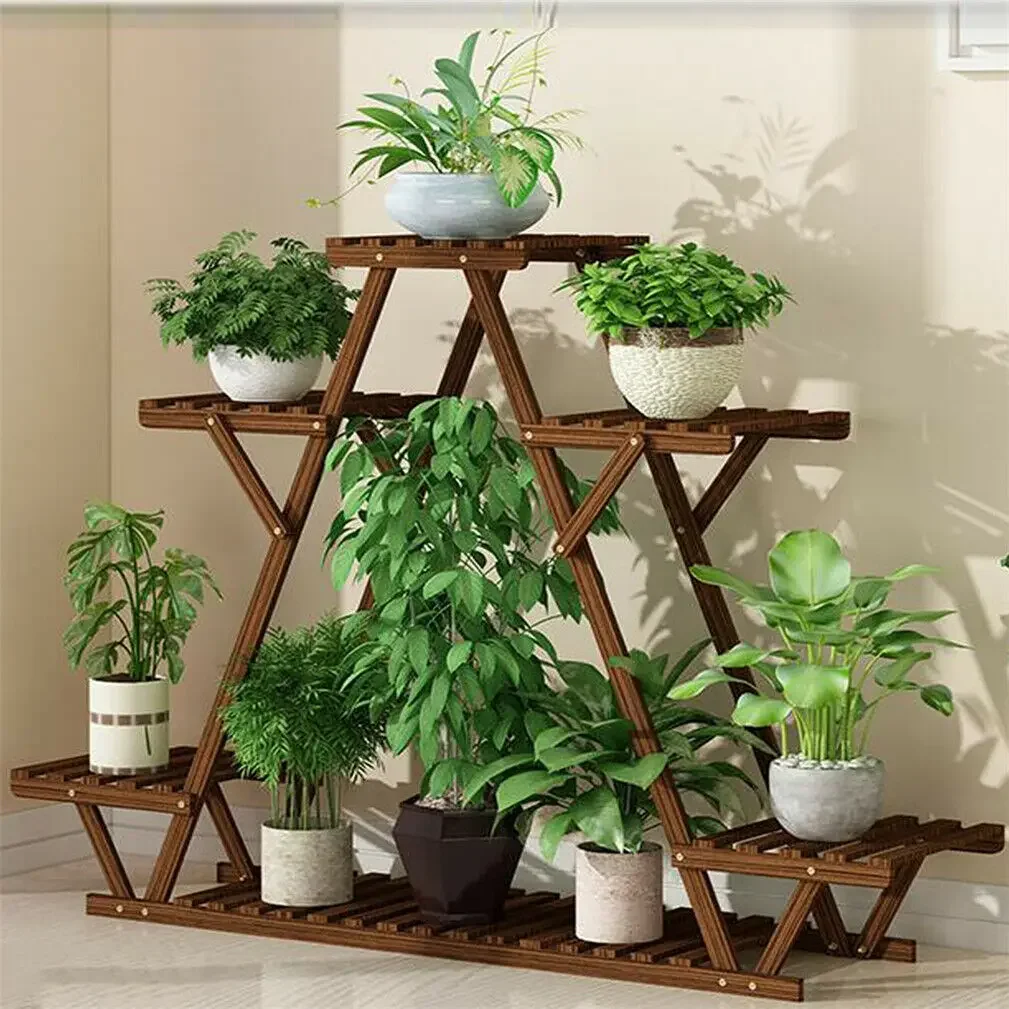 Hout Plant Stand Indoor Outdoor Verkoolde Driehoek 6 Gelaagde Hoek Plant Rek Bloempotten Display Rek Plank Houder