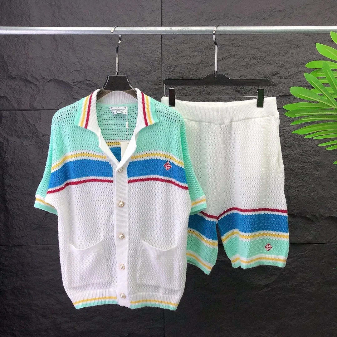 

Vintage Multicolor Striped Knit Shirt Men Summer Breathable Hollow Out Knitted Mens Shirts Casual Short Sleeve Cardigans shorts