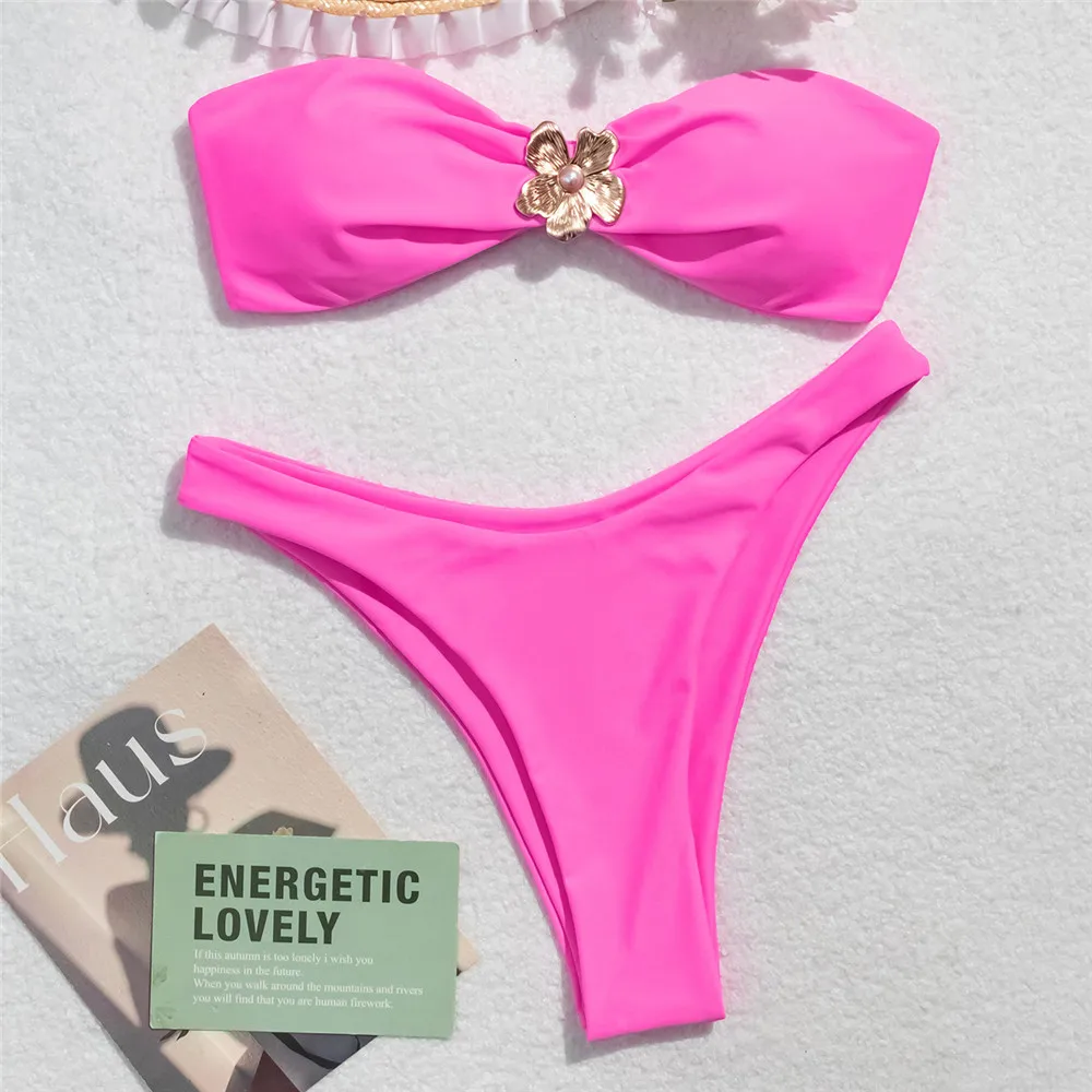 

NEW Pink Solid Swimwears Strapless Swimsuit High Cut Bather Biquini Bi Metal 3D Flower Pink Sexy Bandeau Bikinis Sets Woman