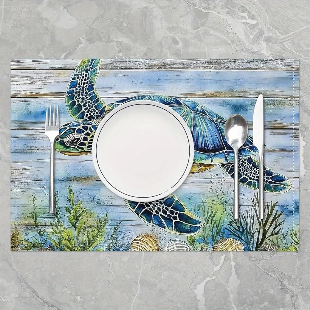 Sea Turtle Placemats Set of 4 Ocean Theme Wooden Background Table Mats Linen Decor Beach House Coastal Style Tableware