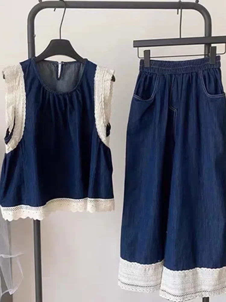 

Faionable джинсовый топ с кружевной отделкой в стиле пэчворк, широкие брюки, комплект из двух предметов, женский летний новый корейский костюм, ансамбль