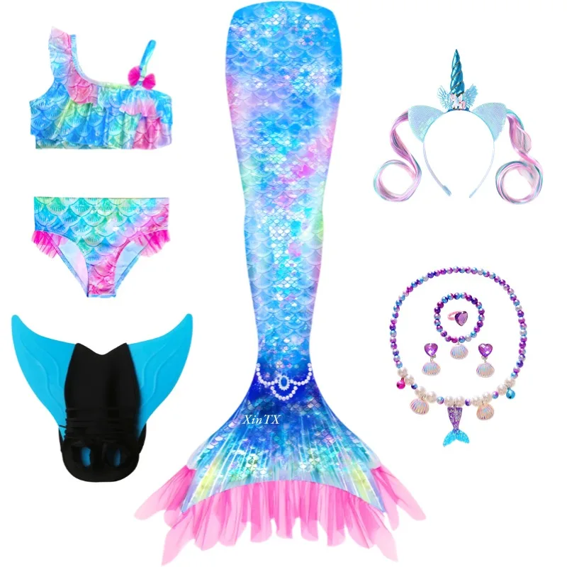 Cola de sirena, traje de baño elástico, decoración de corona para niños y niñas, cola nadable, disfraces de sirena para Cosplay