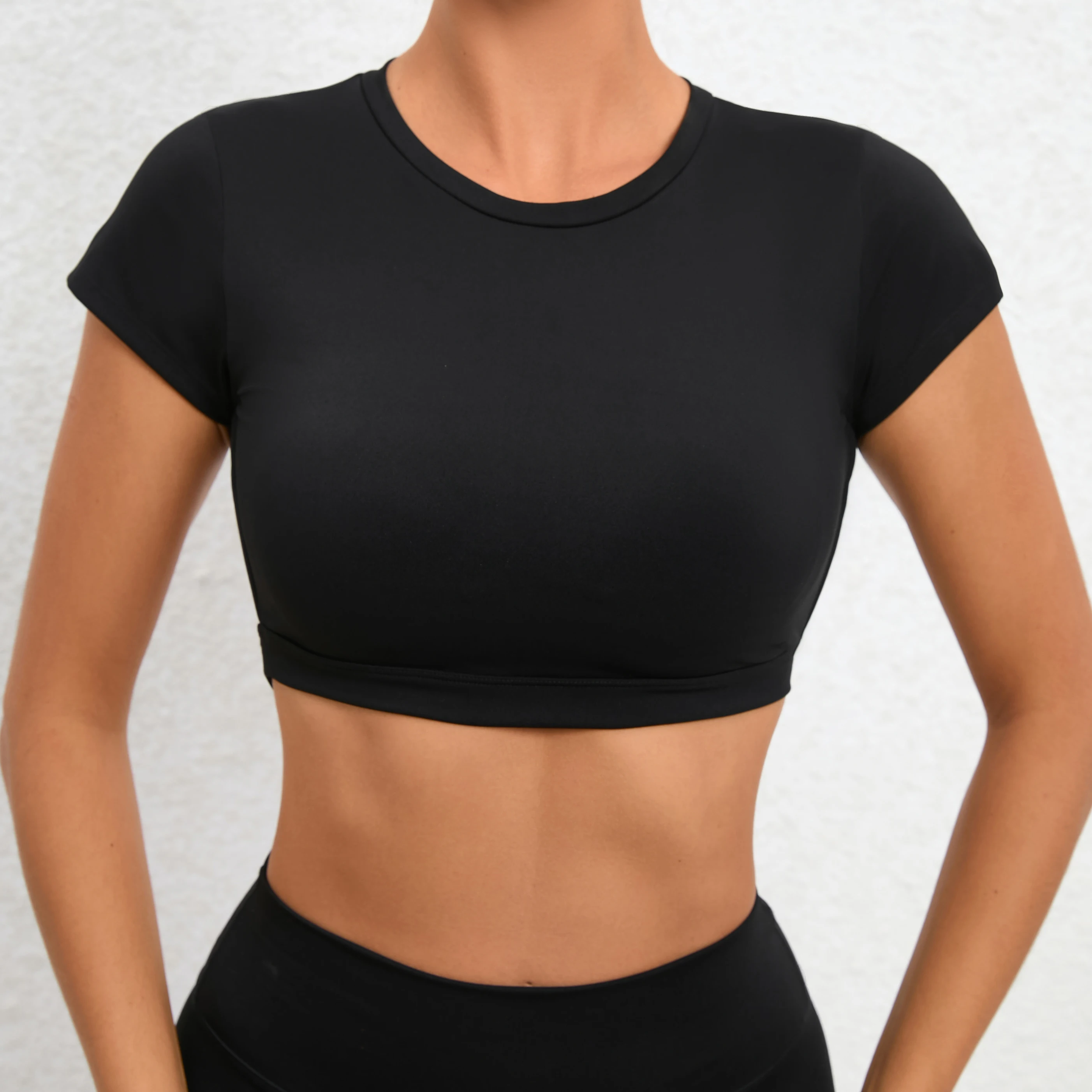 Padded Open Back Crop Top Short Sleeve Yoga Shirt Women Fitness Workout Tops Gym Clothes Sportswear Running T-shirts