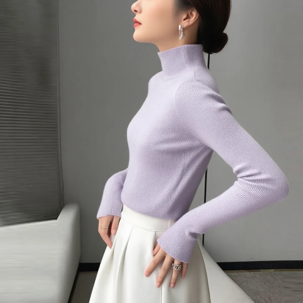 

Black Pink Navy Coffee High Collar Sweater Women Clothing Long Sleeved Half High Neck Elastic Knit Shirt Pullover Girls Slim Top