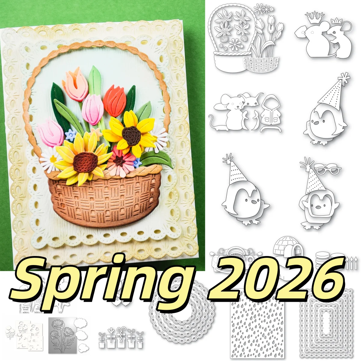

2026 Spring Basket Bouquet Flower Gifts Penguin Metal Cutting Dies Clear Stamps Stencil Hot Foil For DIY Scrapbook Template