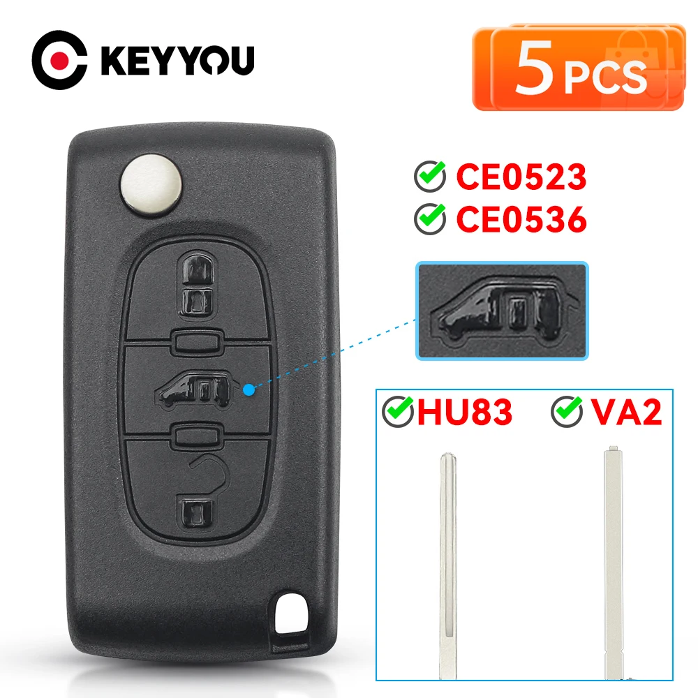 

KEYYOU 5PCS 3B Flip Remote Car Key For Peugeot Partner Expert For Citroen Berlingo Dispatch (Van) Folding CE0523 CE0536 HU83 VA2
