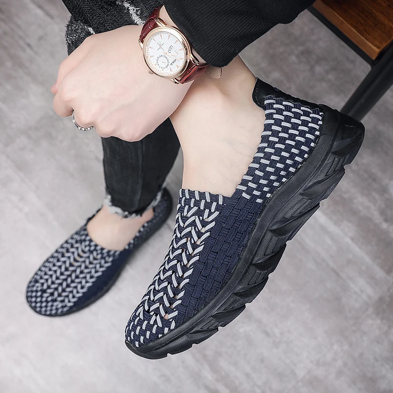 STRONGSHEN Summer Men Handmade Shoes Casual Shoes Breathable Flats Shallow Woven Walking Shoes Slip On Loafers Zapatos De Mujer