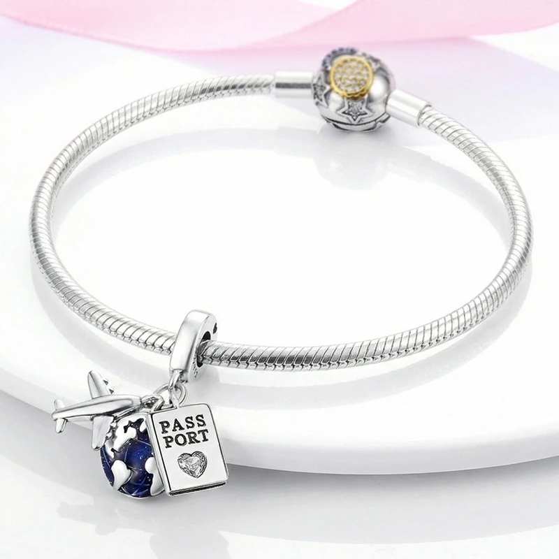 925 Sterling Silber Charms Perlen Reisepass Flugzeug Koffer Anhänger Passend für Original Armband DIY Schmuck Geschenk für Frauen – Detail 2