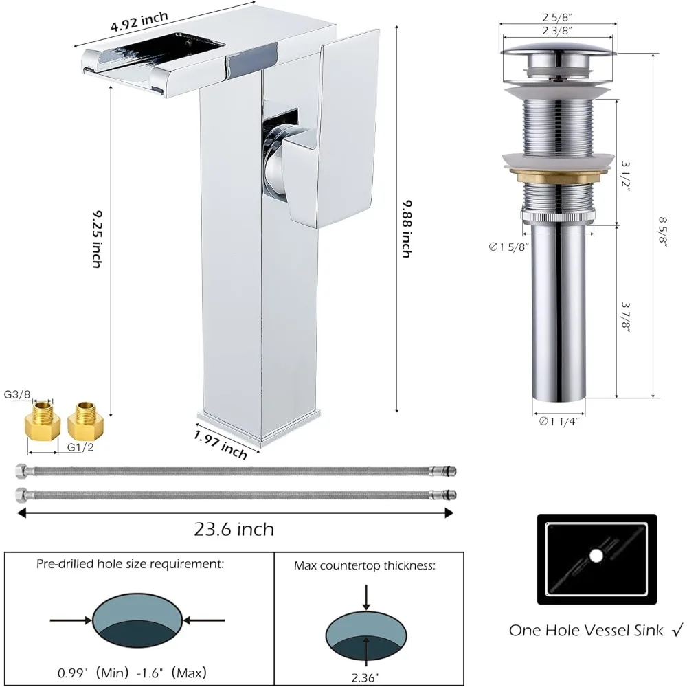 Chrome Waterfall Vessel Sink Faucet with One Hole Handle, Pop-Up Drain, No Overflow, Basin Supply Line Included, Long Tail Keywo
