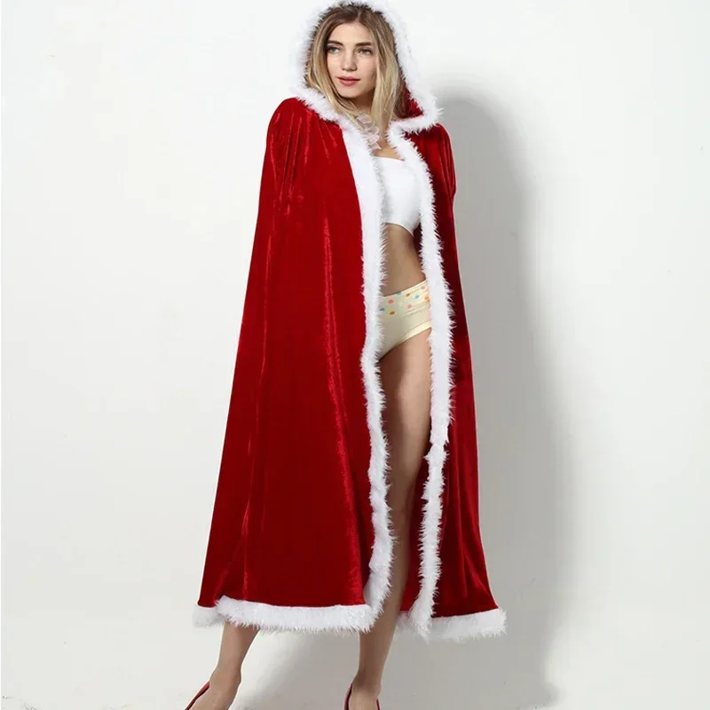 5-formaat Kerst Rode Mantel Kostuums Capuchon Halloween Cosplay Kostuum Partij Losse Lange Stijl Winter Festival Winddicht Volwassen Dame