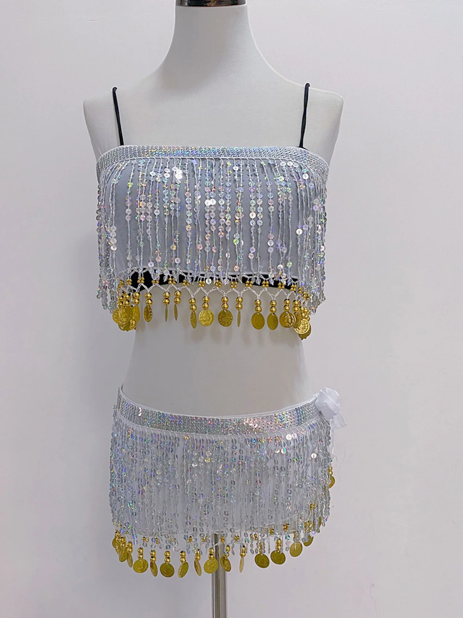 Womens Buikdans Outfit Pailletten Kwastje Top Crop Hemdje Veiligheidsshorts Hippe Sjaal 4-delige Danskleding voor India Volksdans