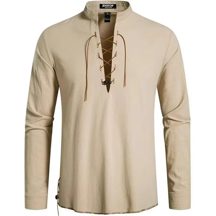 

Высококачественная мужская рубашка Генри с длинным рукавом, повседневная пляжная мужская рубашка с воротником-стойкой в стиле хиппи