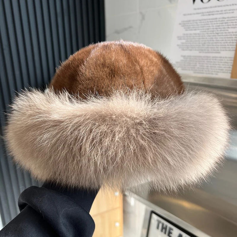 Real Mink Fur Hat for Women Winter Natural Mink Fur Hat with Fox Fur Brim Female Fashion Fisherman Hat Thicked Fur Biker Hat