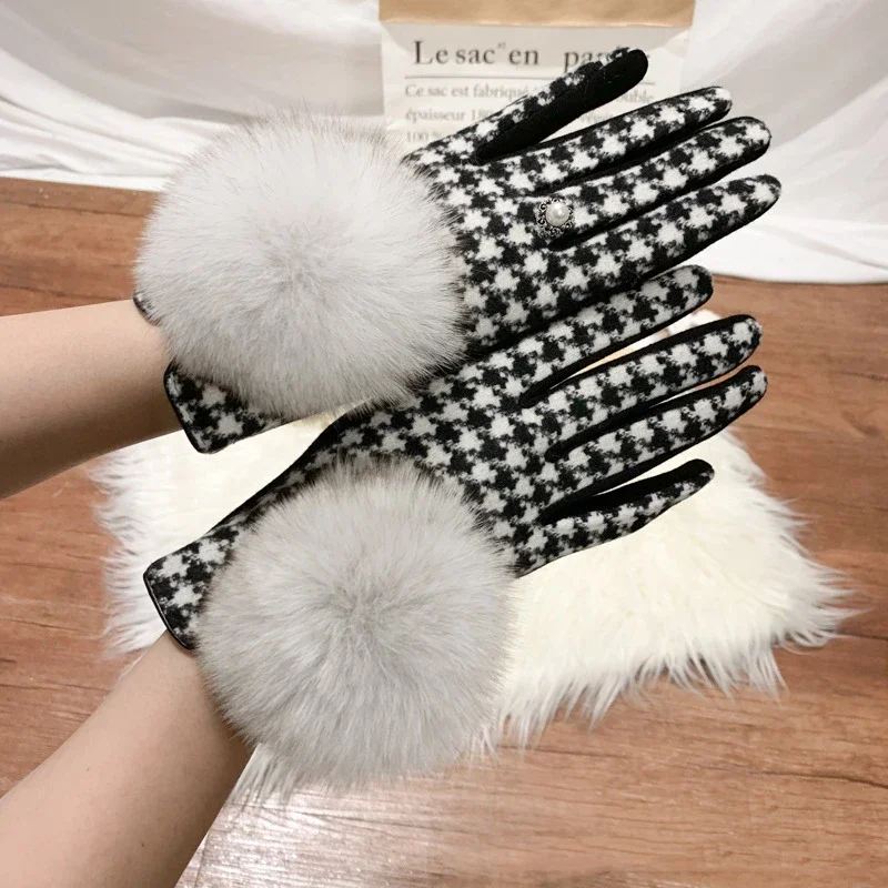 Women's Cashmere Gloves Ladies Touch Screen Furry Fox Fur Ball Plaid Wool Driving Glove Female Mittens