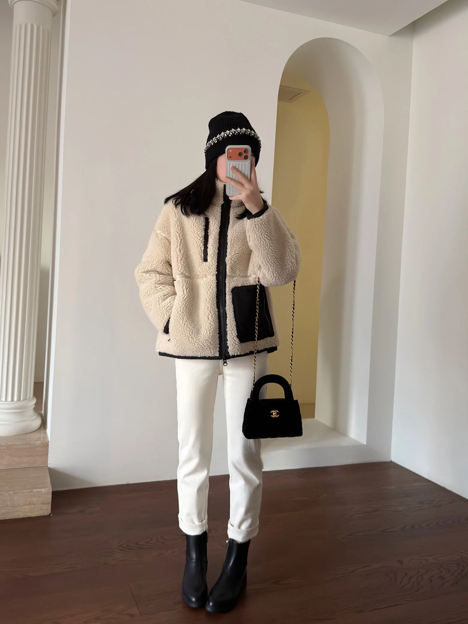 

Jiaoyang Thi Warm Lightweight 00 Lamb Fur White Color Blo Coat Casual Straight Cut Long Sve Zipper Closure Warmth