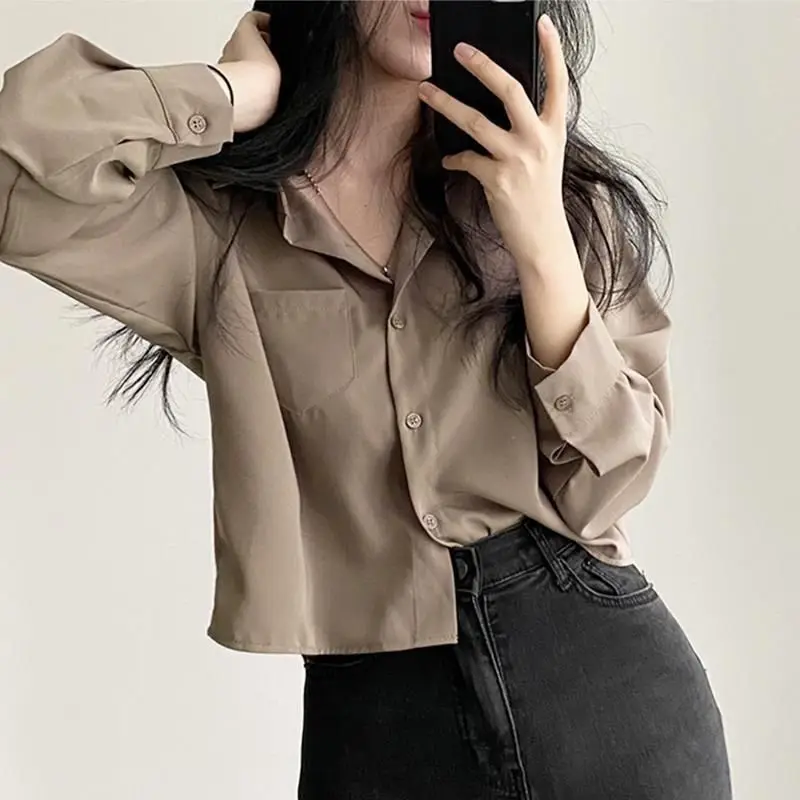 Casual Shirts and Blouses Korea Turn Down Collar Long Sleeve Top Women 2024 Autumn Fashion Blouse Solid Pocket Ladies Clothes