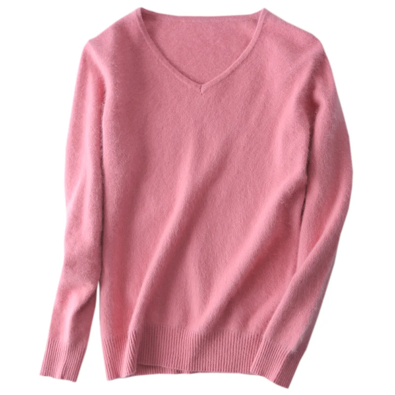 2023 Autumn Winter Women's V-neck 100% Mink Cashmere Sweaters And Pullover Soft Warm Sweaters Female Knitted Basic Sweater