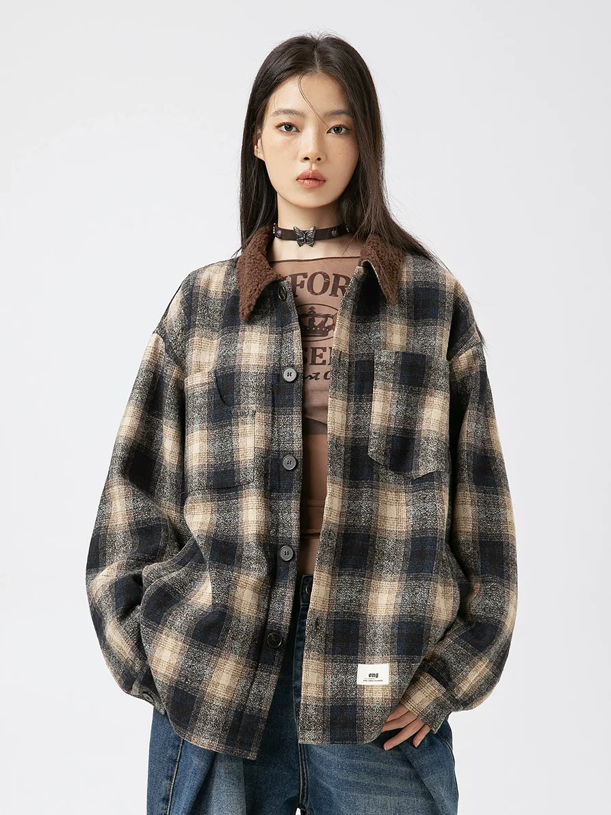 

Retro American Plaid Work irt Men's Women's Winter Warm Lamb Fur Lined Cotton Workwear Coat Thiened Polyester Fiber