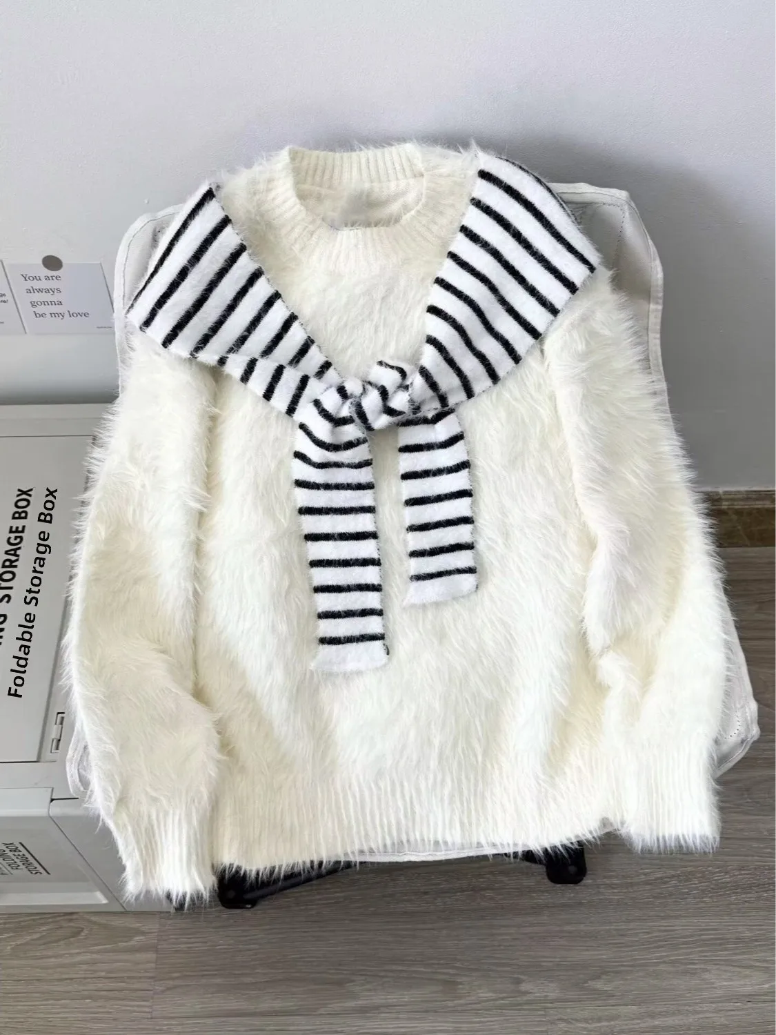 

Korean Striped oulder Fake Two-Piece Mink Knitwear Loose Overhead Lazy Sle Men's Autumn Winter Knitted Top for Youth