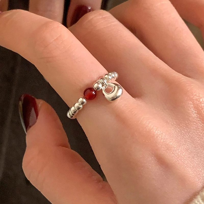 VENTFILLE  925 Sterling Silver Beads Ring For Women Red Agate Pendant Wealth Adjustable Minimalism Jewelry Party Gift Dropship