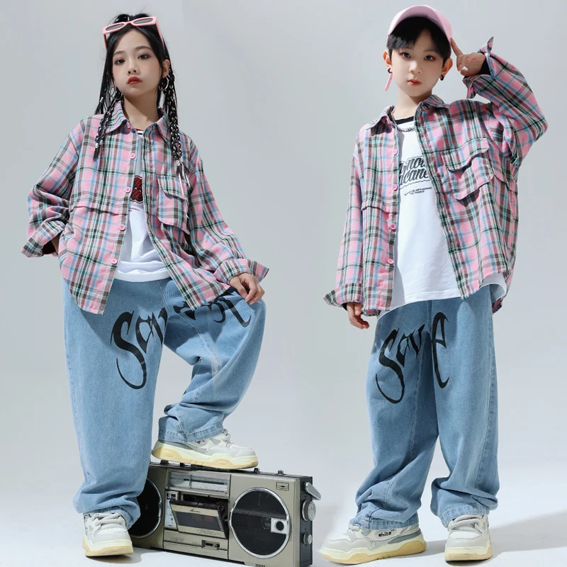 Boys Hip Hop Clothing Pink Plaid Shirt Denim Pants Girls Street Dance Clothes Kids Streetwear Child Jazz Showing Kpop Outfits