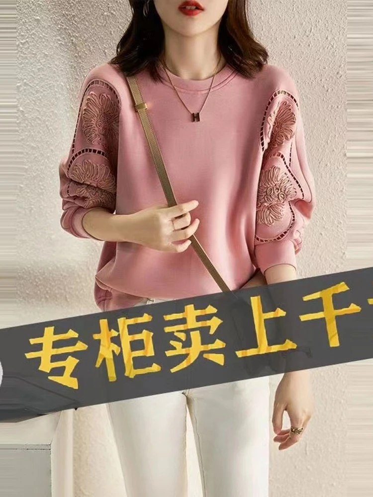 

Женская толстовка оверсайз с вышивкой и плиссировкой, европейский стиль, длинный рукав, круглый вырез, удобная повседневная уличная одежда