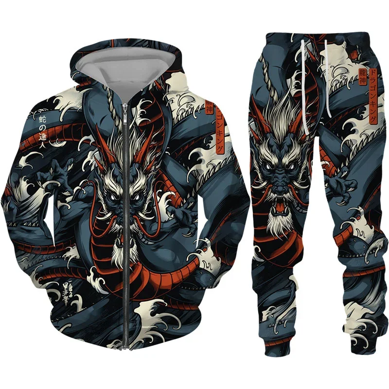 Zipper Hoodie + Pants Suit Dragon 3D Printed Cool Men/Women 2 Pcs Sportwear Tracksuit Set Autumn and Winter Long Sleeve Clothing