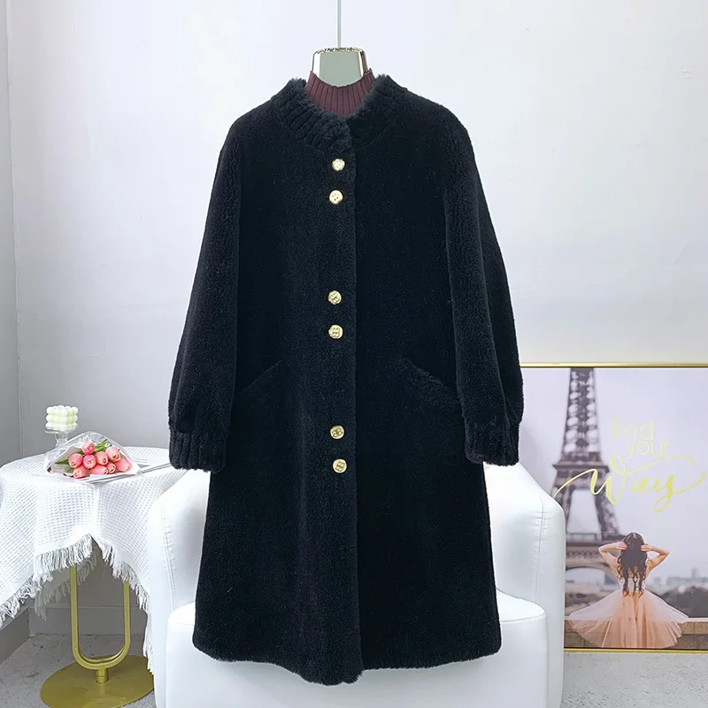 

Women Real Wool Fur Long Warm Coat Female Lady Sheep Shearling Fur Winter Stand Collar Overcoat JT3173