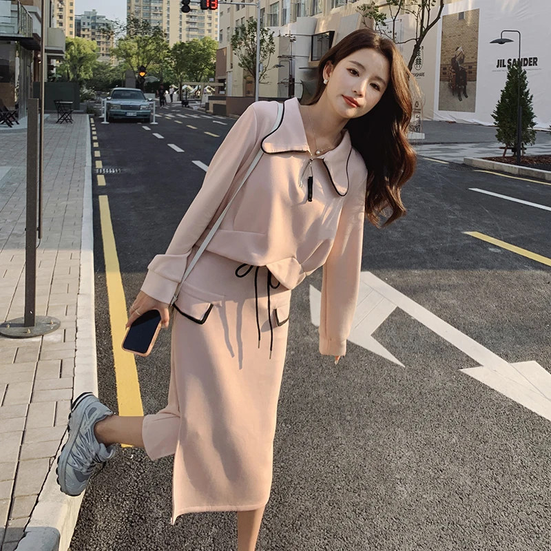 

Pink Hoodie and Skirt Two Piece Set 2023 Autumn Women Clothes Elegant Sweet Slim Casual Short Tops High Waist Skirts Suits 8821