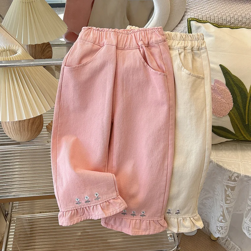 

2025 Spring Spring Autumn 2-7Y Girls Floral Embroidery Pants Ruffle Hem Toddler Kids Elastic Waist Casual Trousers