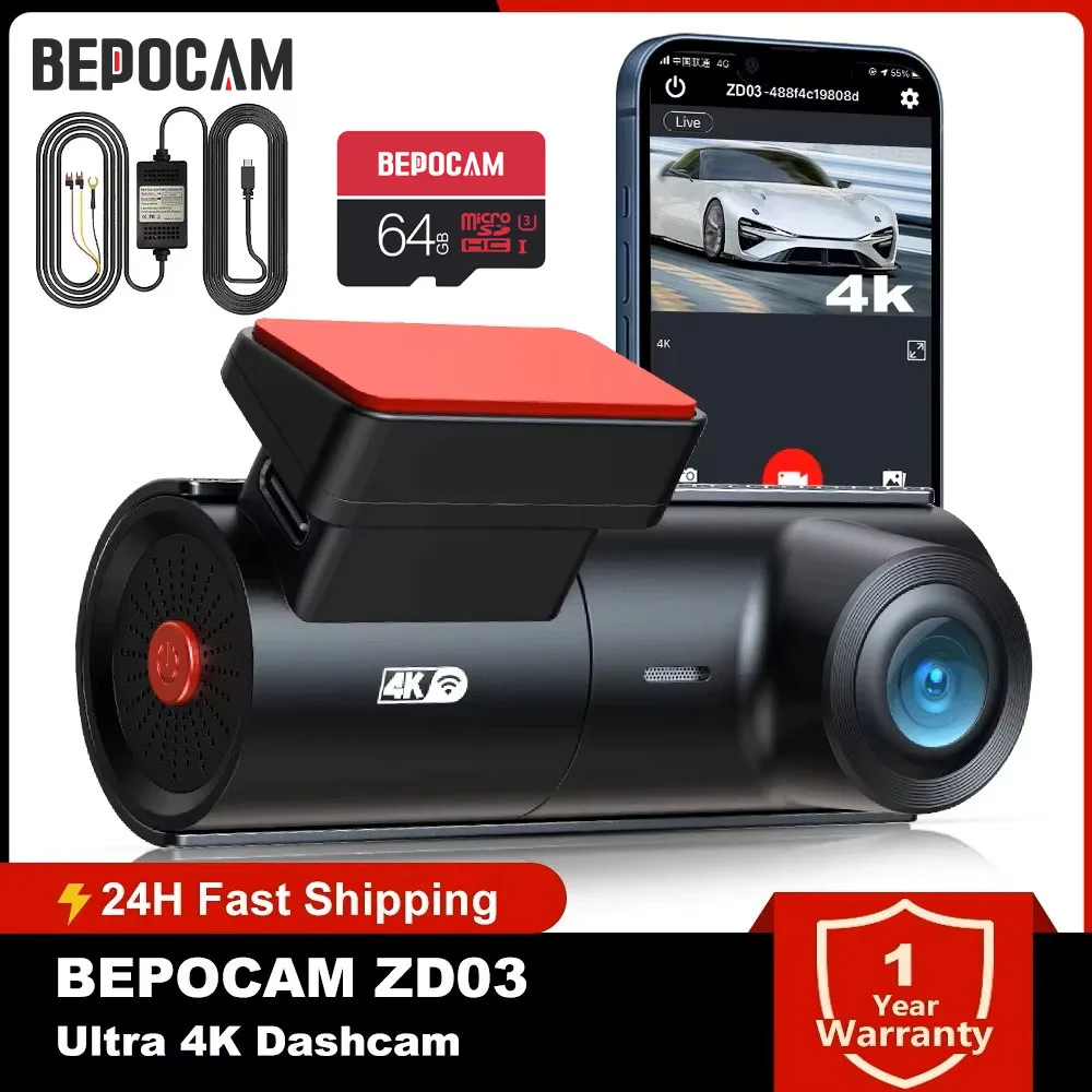 BEPOCAM ZD03 4K Dash Cam for Cars Camera DVR Built-In Wi-Fi & APP Control WDR Night Vision 24H Parking Monitor With 32G SD Card