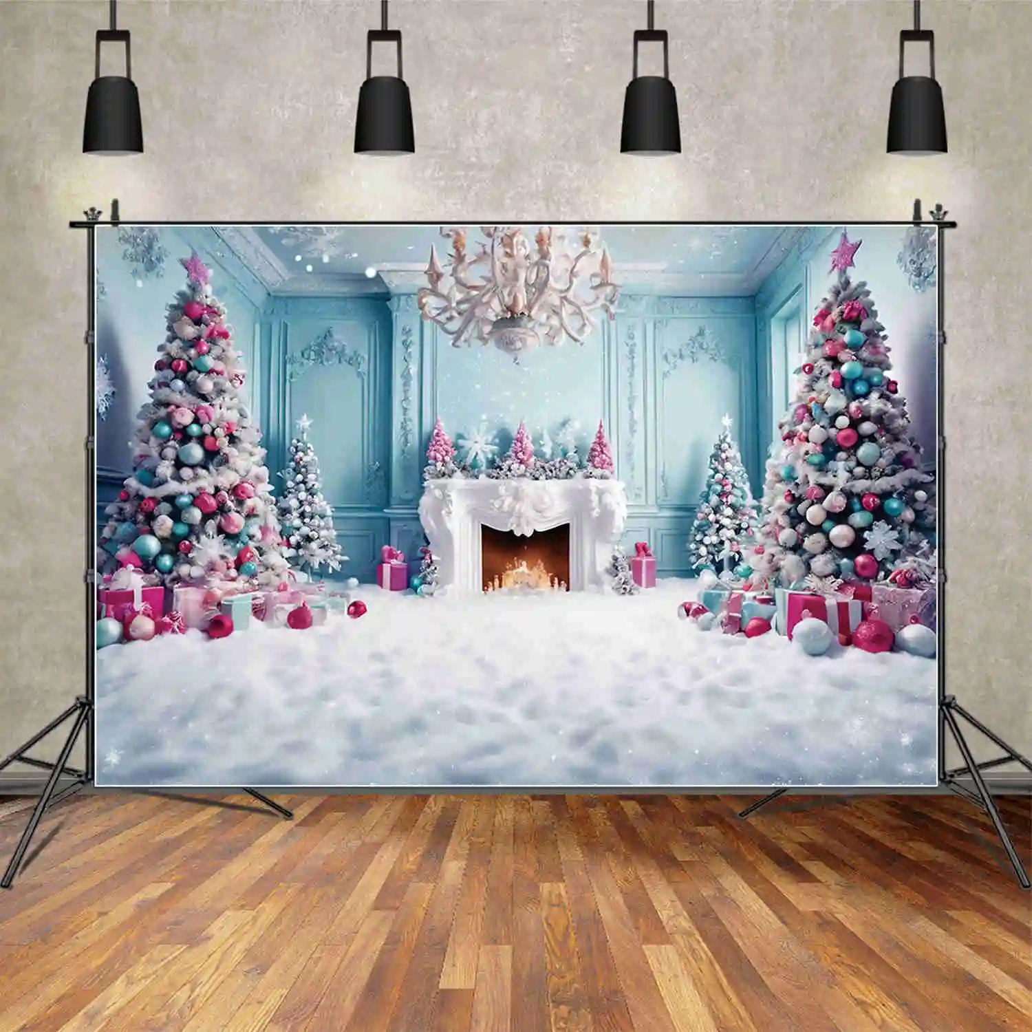 

MOON.QG Fireplace Christmas Trees Backgrounds Blue Western Indoor Living Room Arch Window Backdrops Party Decor Photozone Props