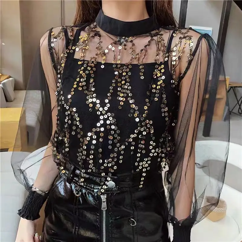 Women Clothing Sexy See Through Transparent Mesh Sequins Long Sleeve T-shirt Black Slim Spaghetti Strap Clubwear Tank Tops Sets