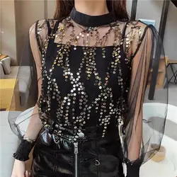 Women Clothing Sexy See Through Transparent Mesh Sequins Long Sleeve T-shirt Black Slim Spaghetti Strap Clubwear Tank Tops Sets