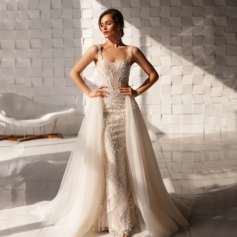 Customized Graceful Princcess Wedding Dresses  Sexy Backless Button Spaghetti Strap Sleeveless Detachable Tail Beautiful Bridal