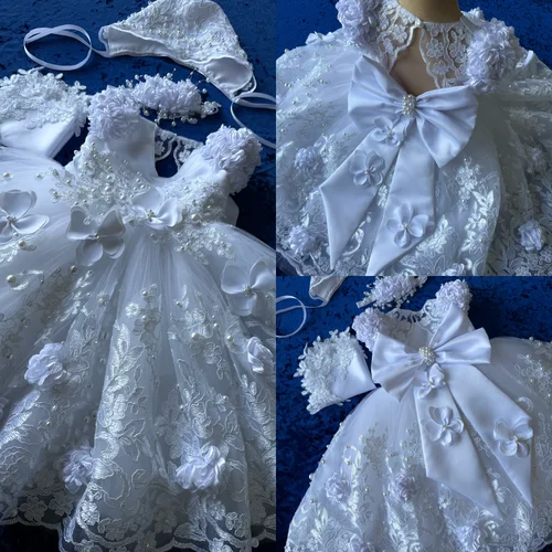 Imagen 1 del producto Lindo vestido de bautizo de encaje con traje de capó para niñas vestido blanco de fiesta de cumpleaños vestido de boda de flores 3D para niñas