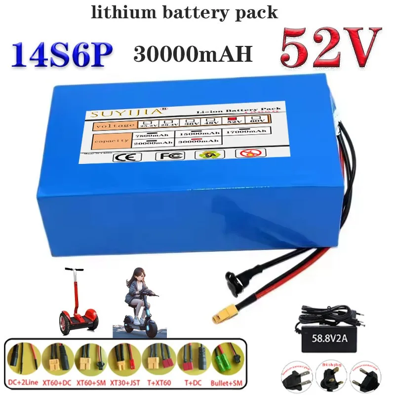 

18650 Newly made 52V 20A 14S6P 30Ah lithium battery pack built-in 30A balanced BMS 0-1500W high power power tool, backup battery
