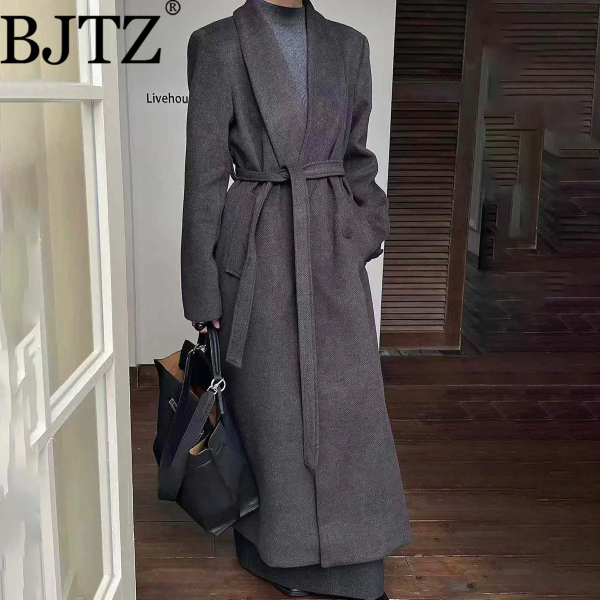 

BJTZ женское пальто 2025 года, новое винтажное длинное шерстяное пальто с широкими лацканами и поясом на талии, весенне-осенний плащ, верхняя одежда